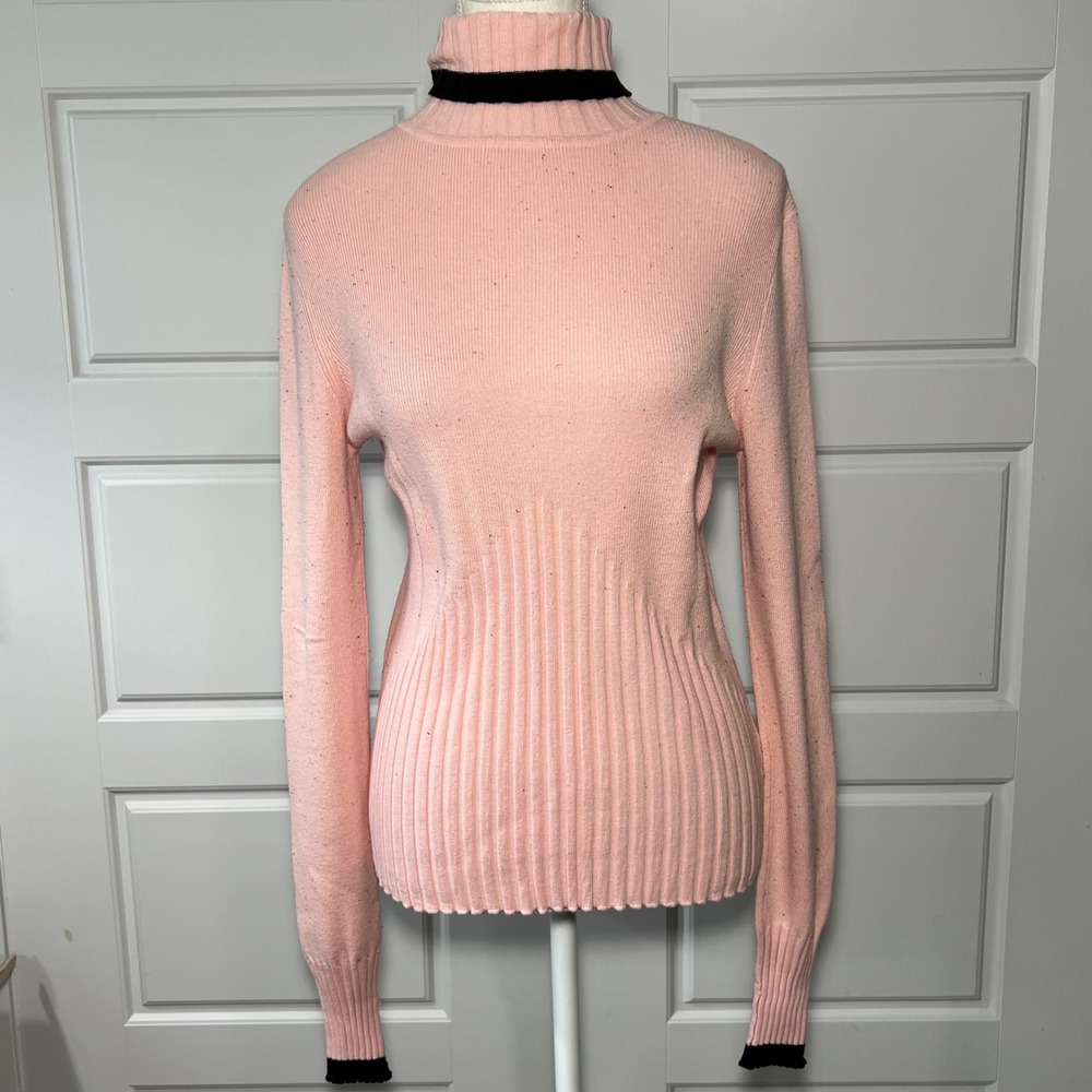 Worthington Light Pink Ribbed Turtleneck Sweater Black Trim Peppered Spots Small